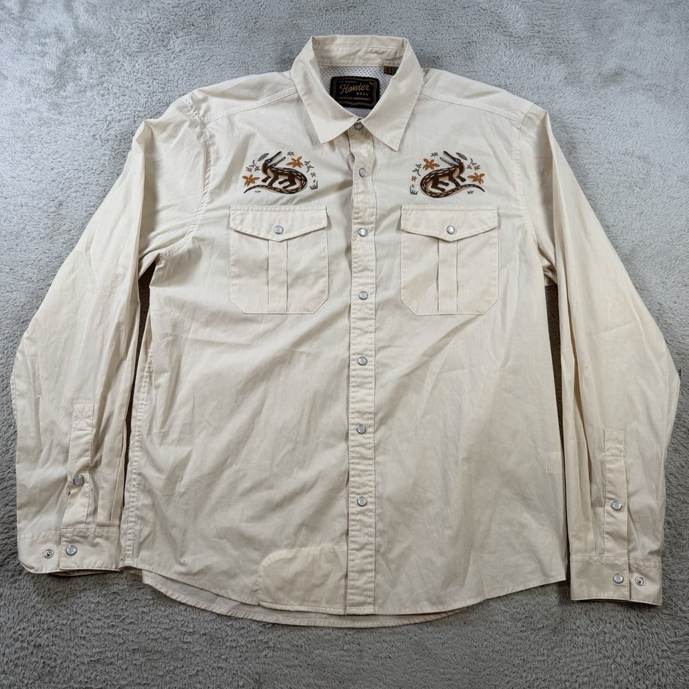 Howler Bros Shirt Mens Medium Beige Gaucho Lazy Gator Pearl Snap Embroidered